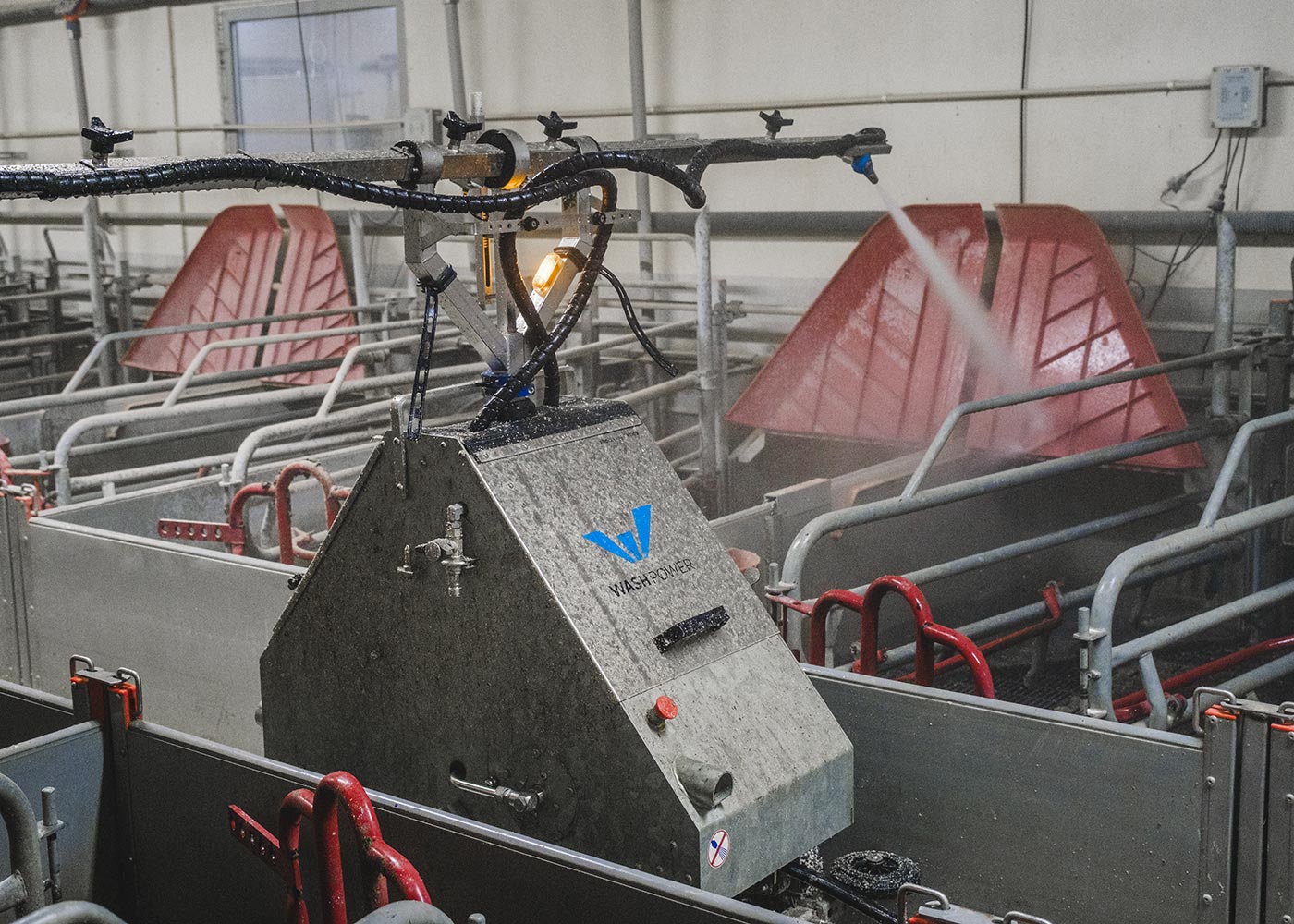 Faartoft-Genetik-01 Robot laveur en action pour nettoyer la porcherie de mise bas chez Fårtoft Genetik.