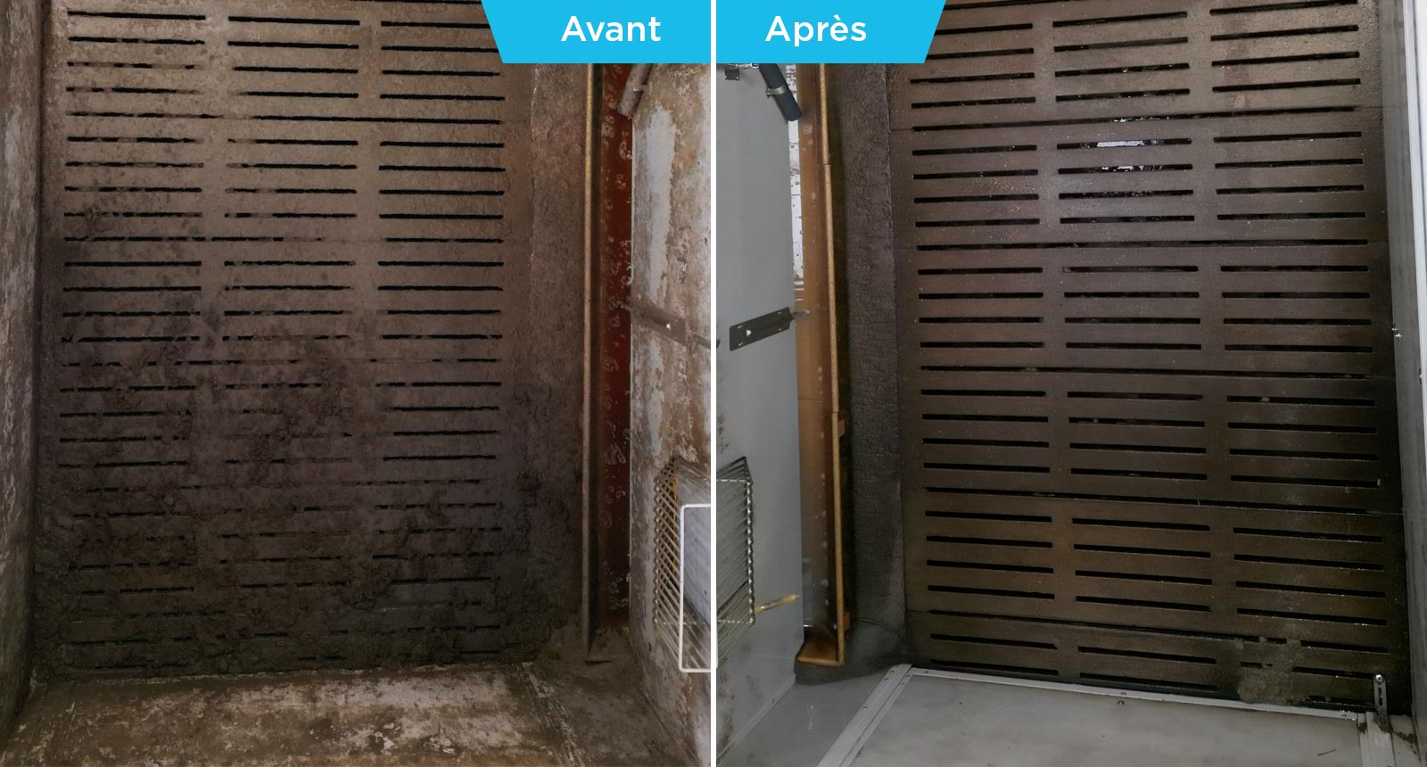 Exemple avant et après nettoyage d'une case d'engraissement avec un robot de lavage 